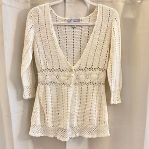 Nine West Cream Crochet Cardigan Sweater Medium Coquette Floral Romantic 19396